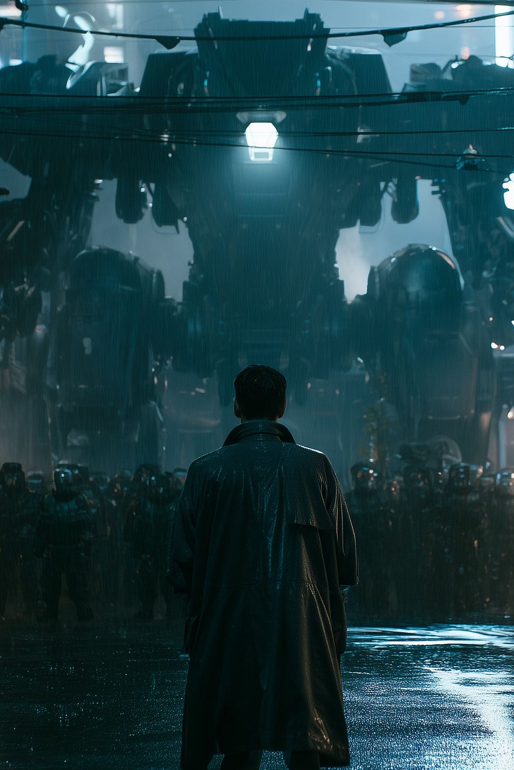 A man in a long coat faces towering machines in the rain.