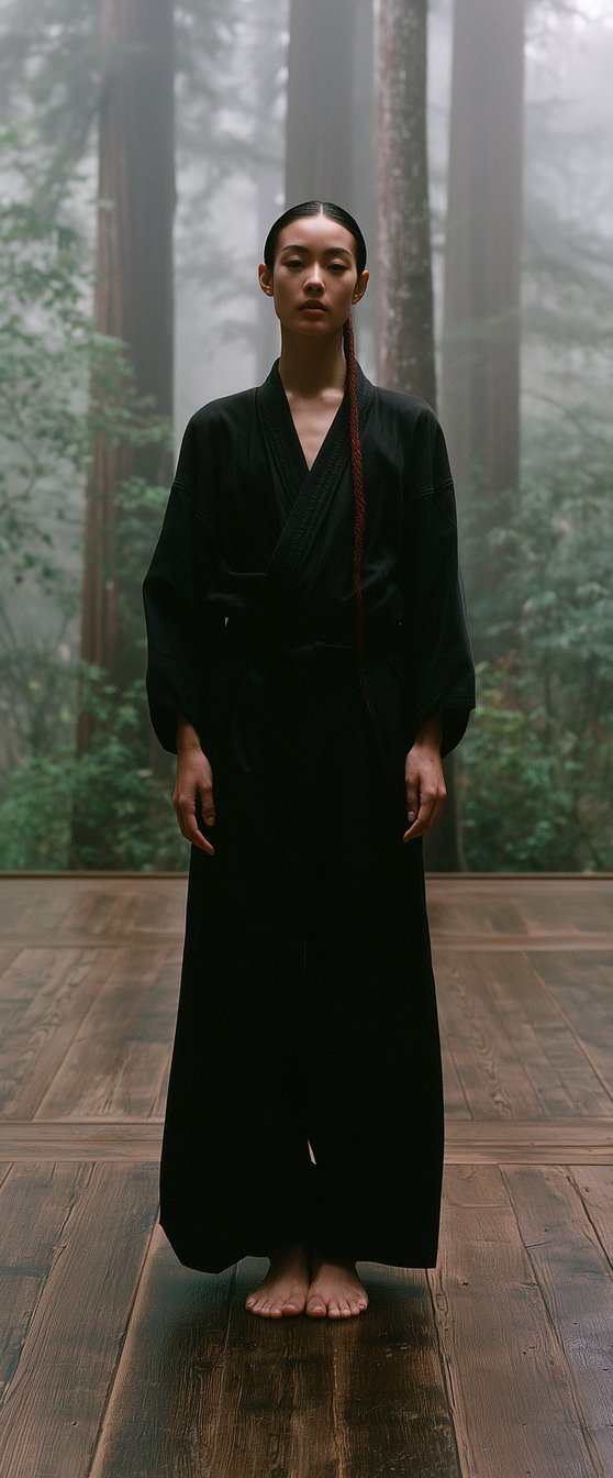 A woman stands barefoot in a misty forest dojo.