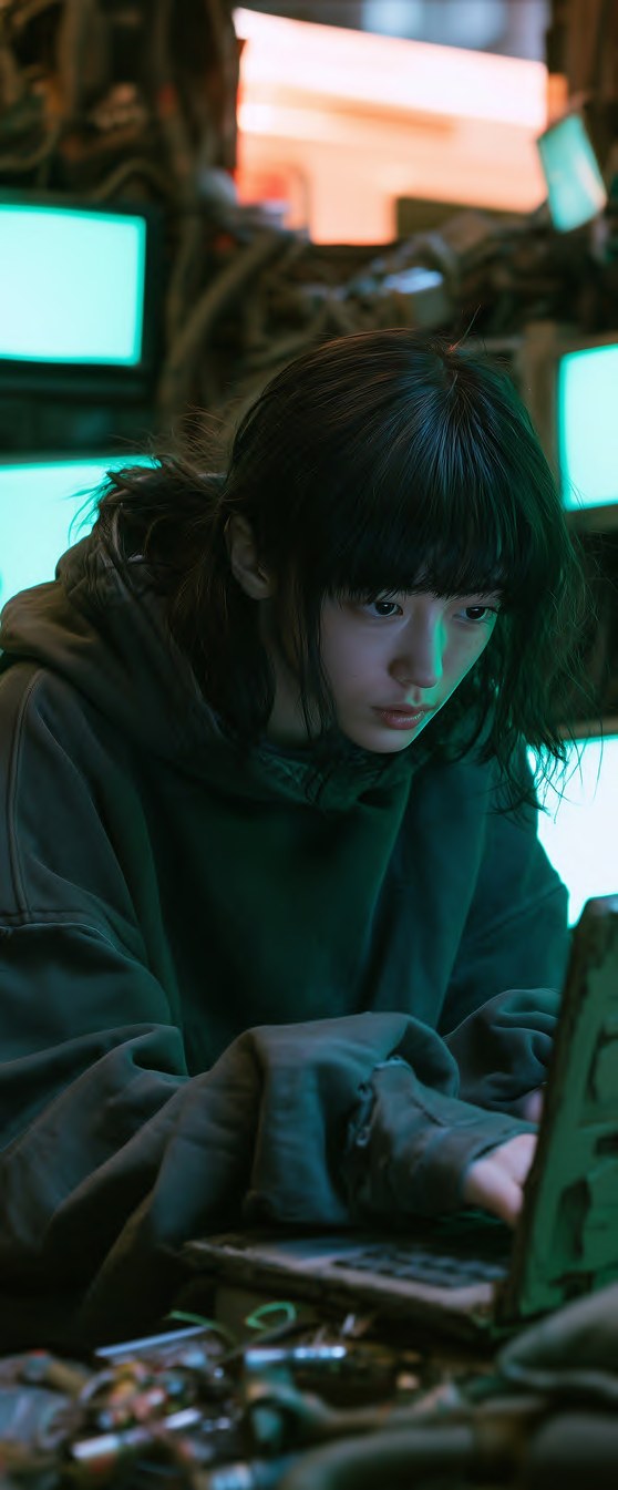 A young woman hunched over a laptop, lit by green screens.