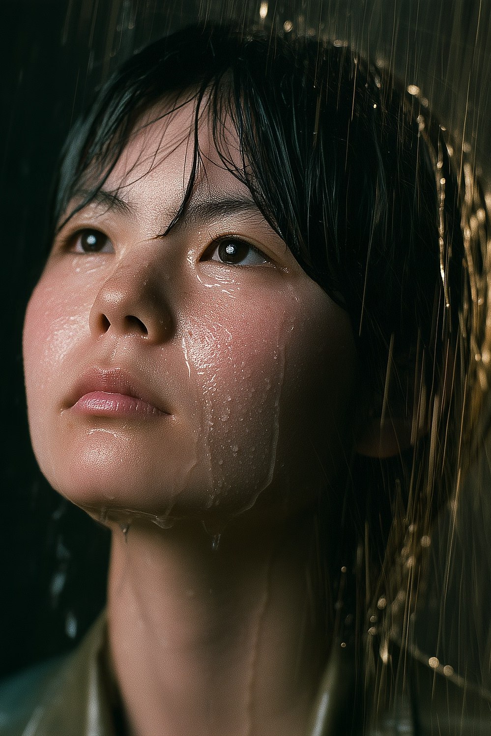 Sachiko, wet with rain, looks upward.