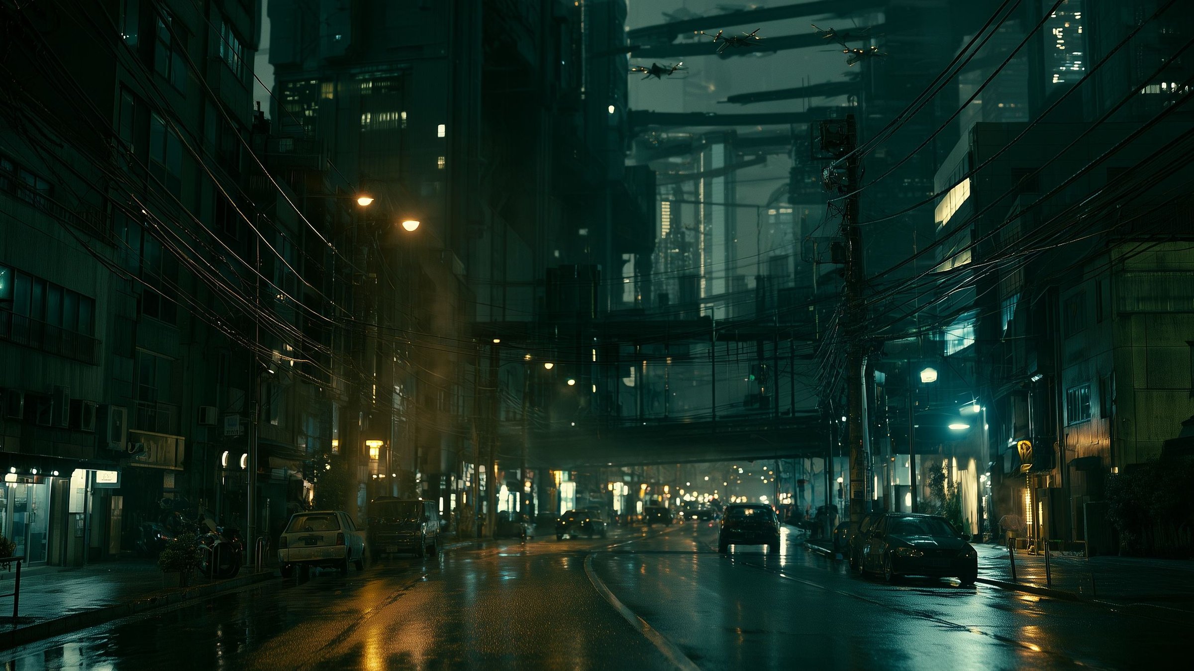 A rain-wet Tokyo street at night under tangled power lines.