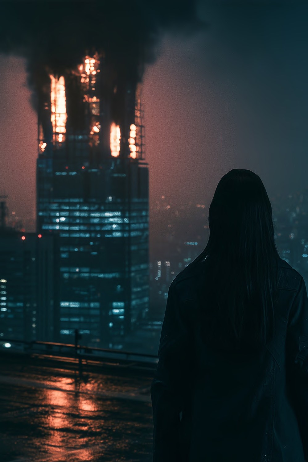 A woman in silhouette watches a burning skyscraper at night.