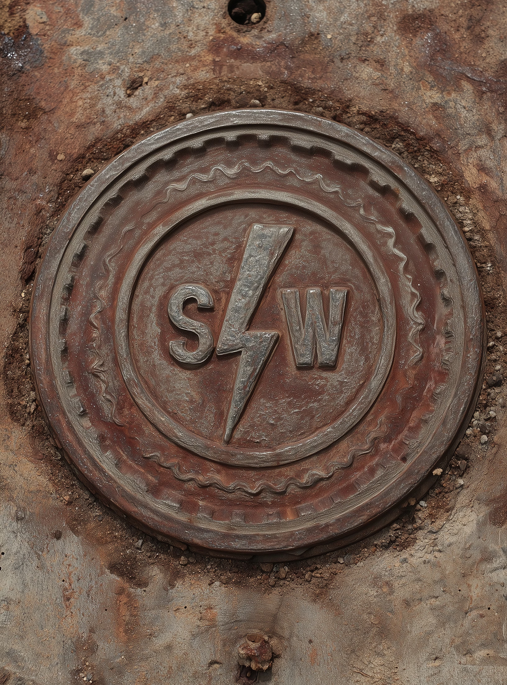 A rusted metal plate embossed with a circle, a wave and a lightning bolt.