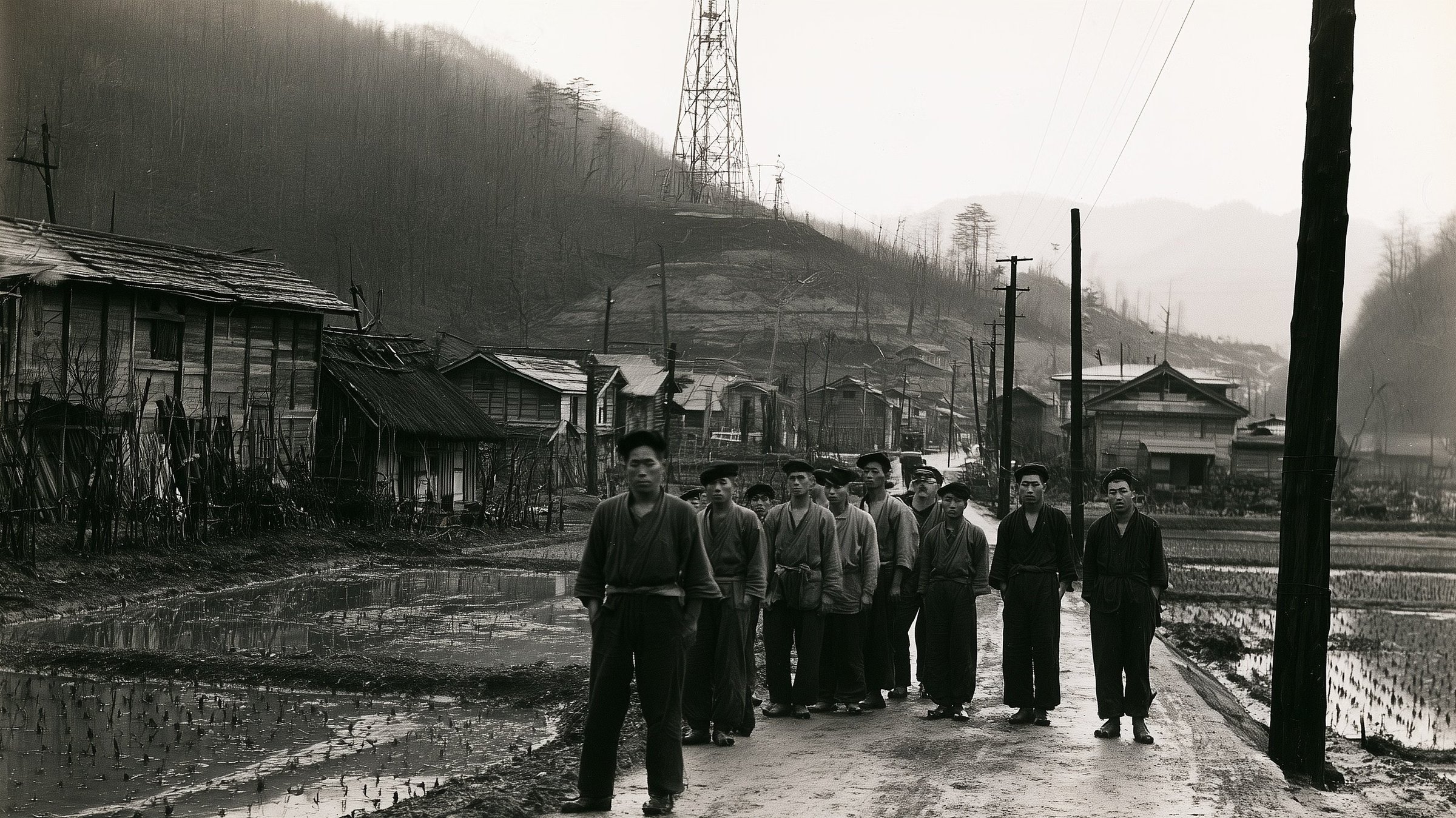 Villagers stand in a line on a muddy road beneath a radio tower.