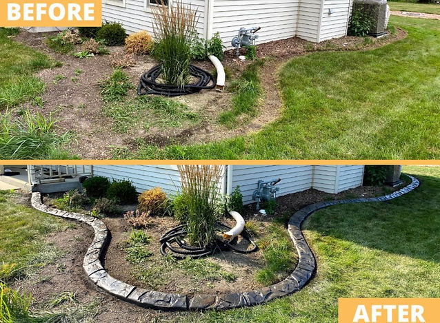 before and after picture of outdoor borders custom concrete curbing around garden area on side of house