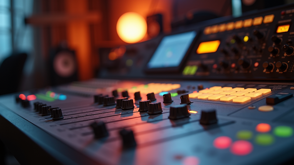Close-up view of a sound mixing console in a music studio