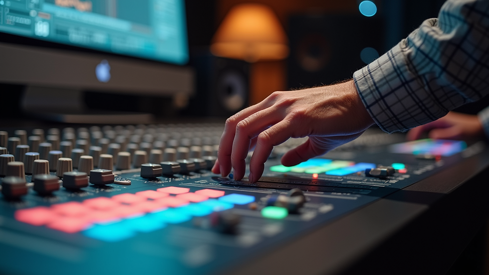 Close-up view of a sound engineer adjusting audio levels on a mixing board