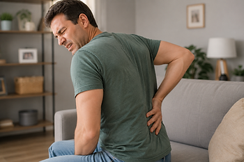 A man holding his lower back with a grimace on his face