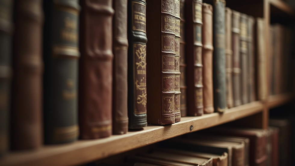 Close-up view of a vintage book collection on a wooden shelf