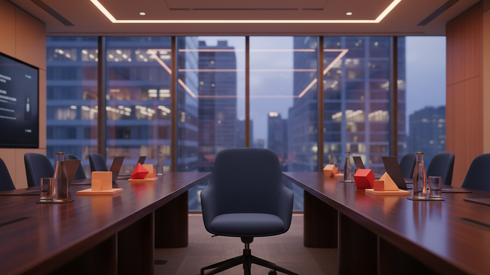 Augenhöhe-Perspektive eines modernen Büro-Besprechungsraums mit einem einzelnen Stuhl zwischen den Tischen
