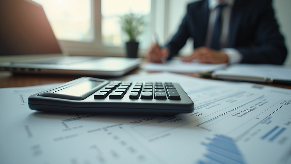 Eye-level view of a calculator on a desk with tax documents