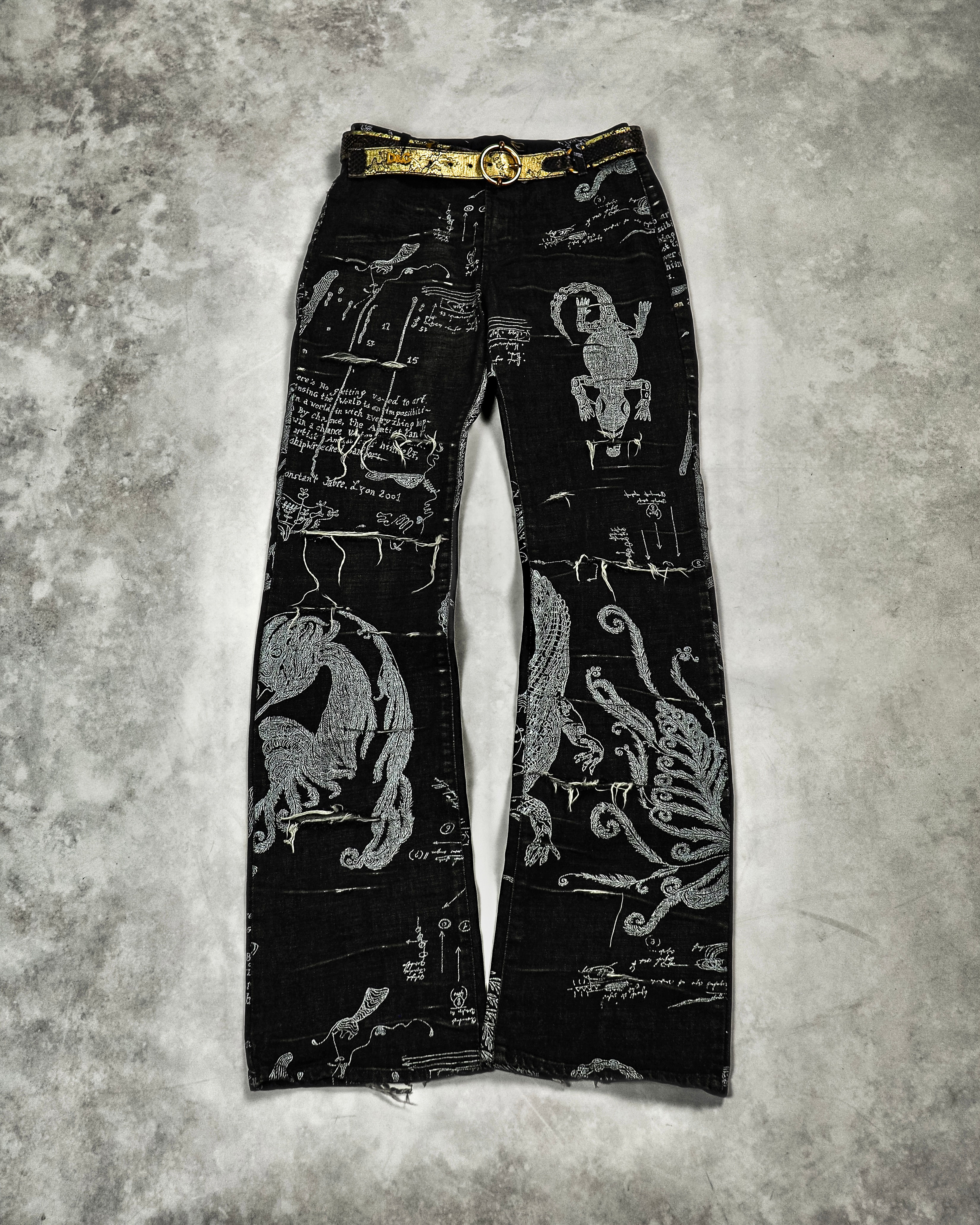 ROBERTO CAVALLI SLASHED TATTOO PRINT FLARED JEANS