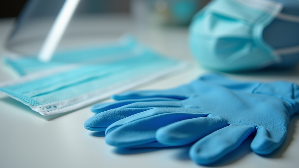 Close-up view of PPE items including gloves, masks, and face shields arranged neatly