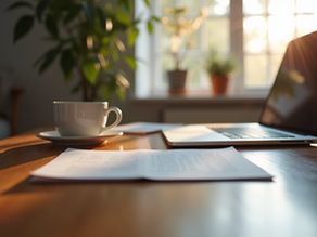 Uma xícara, um bloco de notas e um notebook em cima da mesa. 