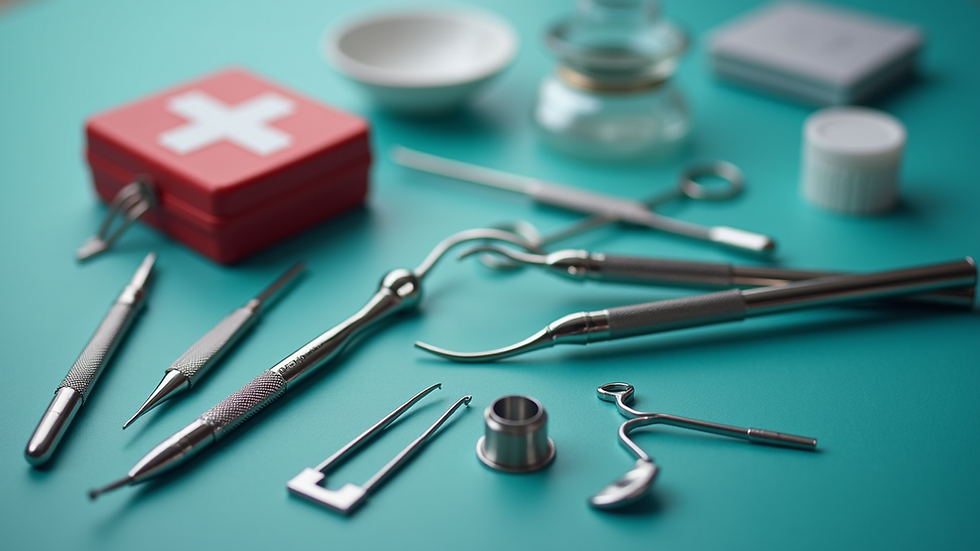 Close-up view of a dental emergency kit with essential tools