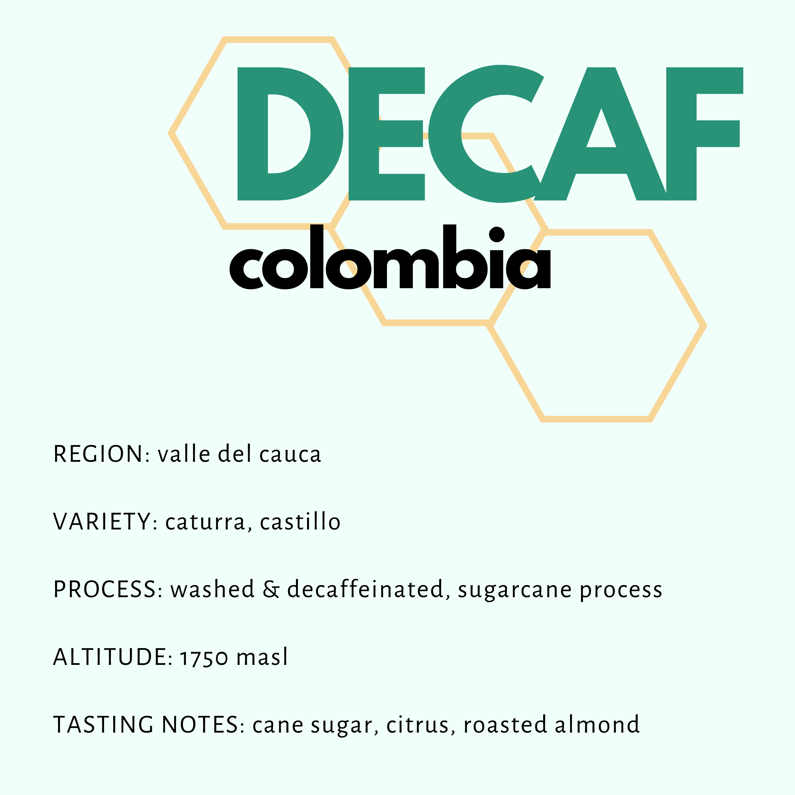 colombia, cauca - washed & decaffeinated, sugarcane process