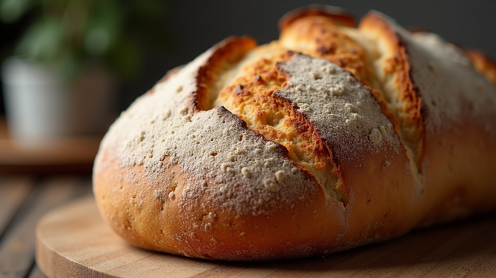 Close-up view of a freshly baked sourdough loaf with a golden crust