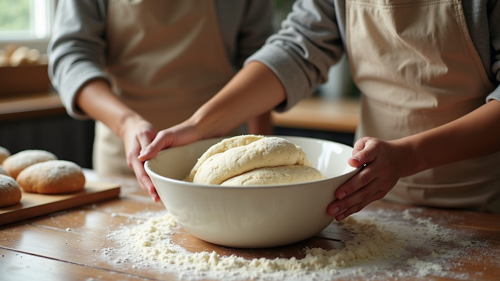Close-up view of a mixing bowl with dough being kneaded on a floured countertop