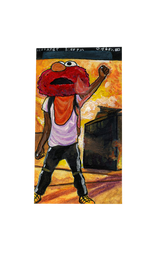 Phone screenshot painting by Yuri Alarcon depicting a meme of a person in front of a fire holding up a Black power fist with an Elmo mask on.