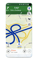 A screenshot painting by Zoe Kelley depicting a Google maps route on a highway. After missing an exit, maps is directing them to take 4 exits in loops to get back on track.