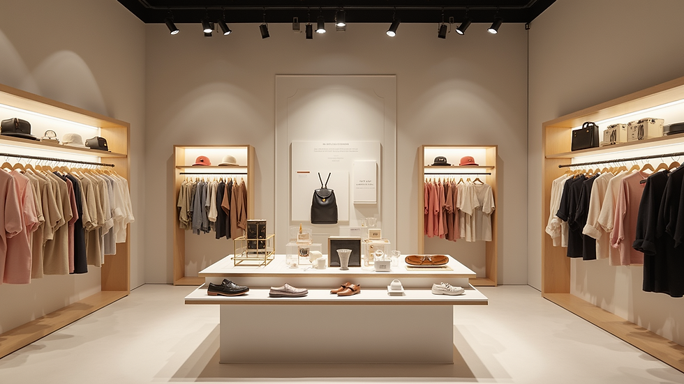 Eye-level view of a pop-up shop with interactive product displays