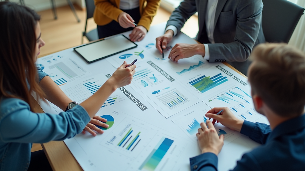 High angle view of a team analyzing marketing performance charts