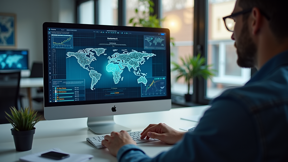 Eye-level view of a modern workspace with digital devices displaying interactive content