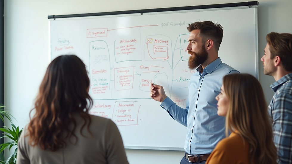 High angle view of a team brainstorming customer engagement strategies on a whiteboard
