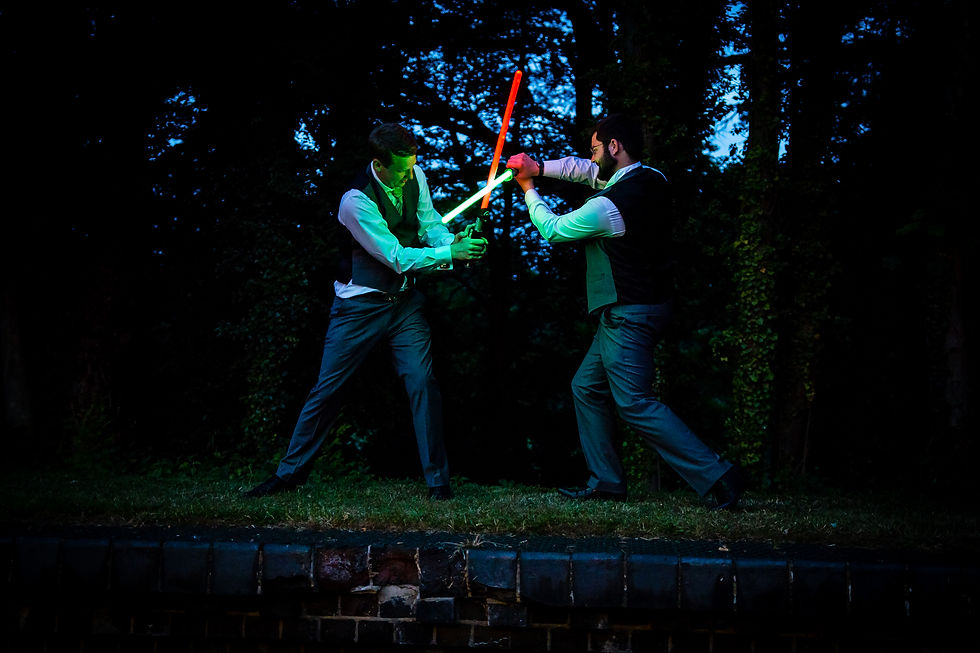 Star Wars light saber fight between Groom and Best Man, Marrtiott's Way Whitwell Station, Reepham