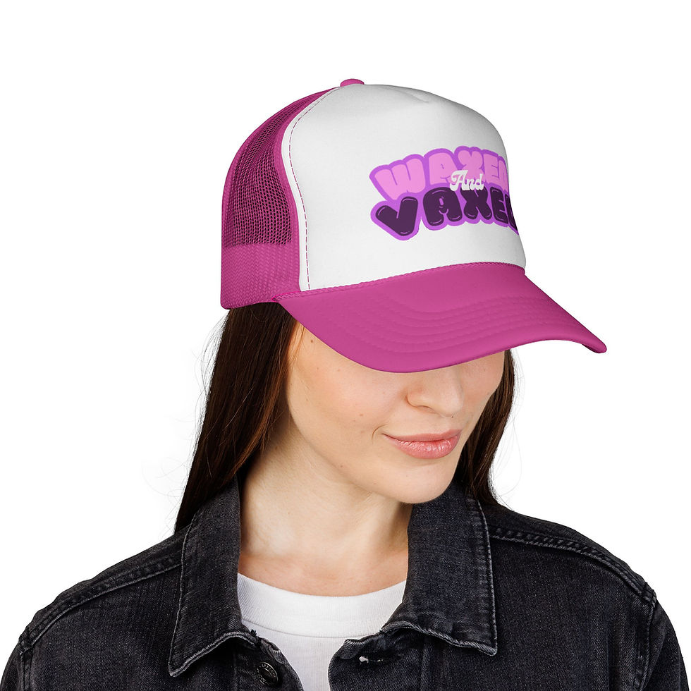 Thumbnail: Waved and Vaxed Trucker Cap — Retro Pink & Purple Mesh Hat for Vaccine Pride
