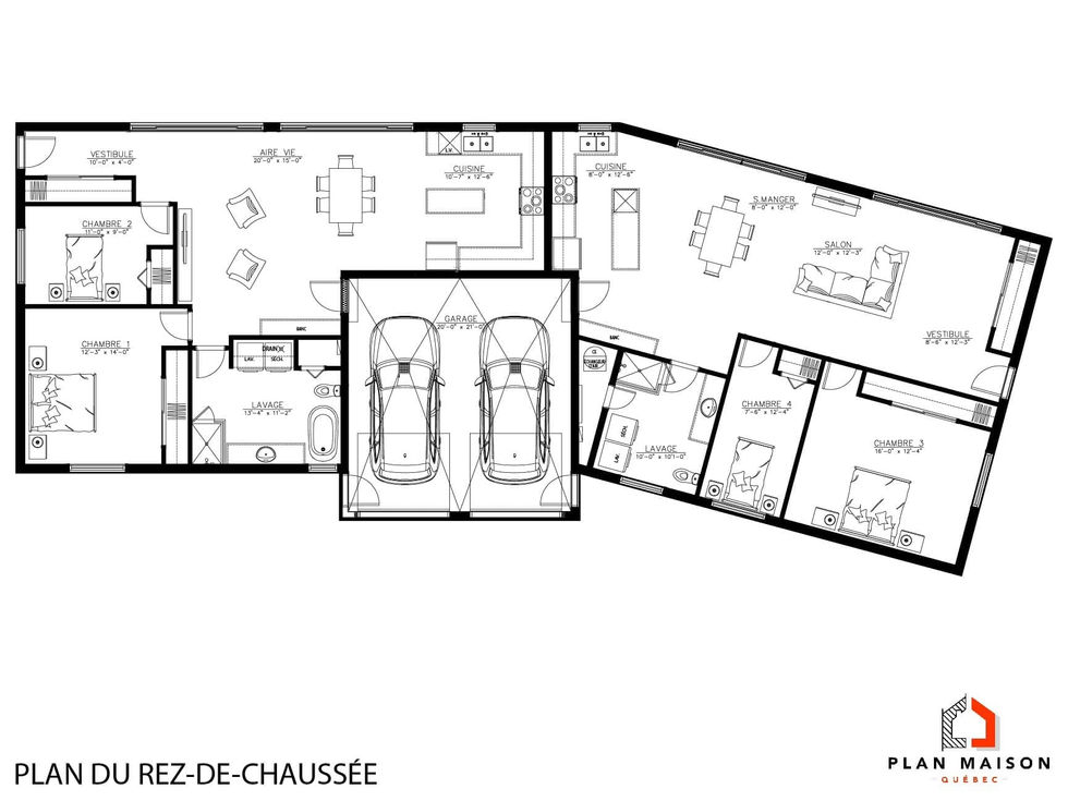 Plan intérieur d’une bi-génération moderne à toit incliné avec garage double