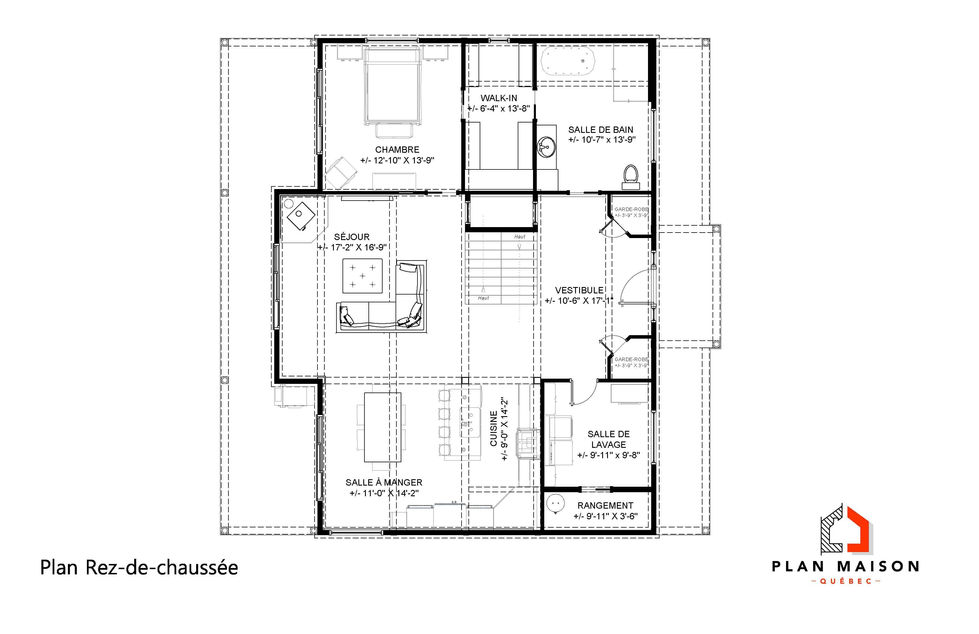 Plan du rez-de-chaussée d'une maison farmhouse à étage avec suite parentale et walk-in