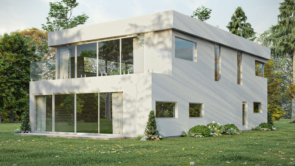 Façade arrière d’une maison cubique contemporaine avec grandes fenêtres pleine hauteur