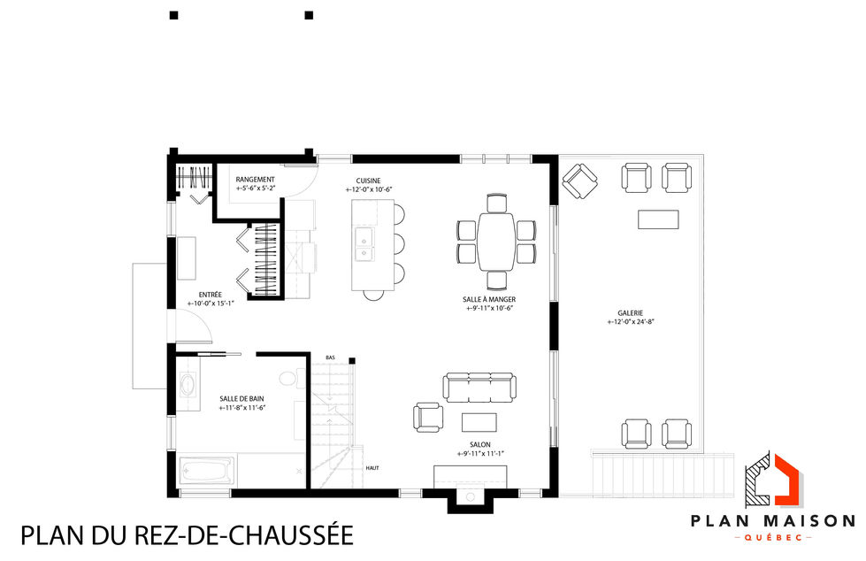 Plan du rez-de-chaussée d’une maison contemporaine avec galerie extérieure