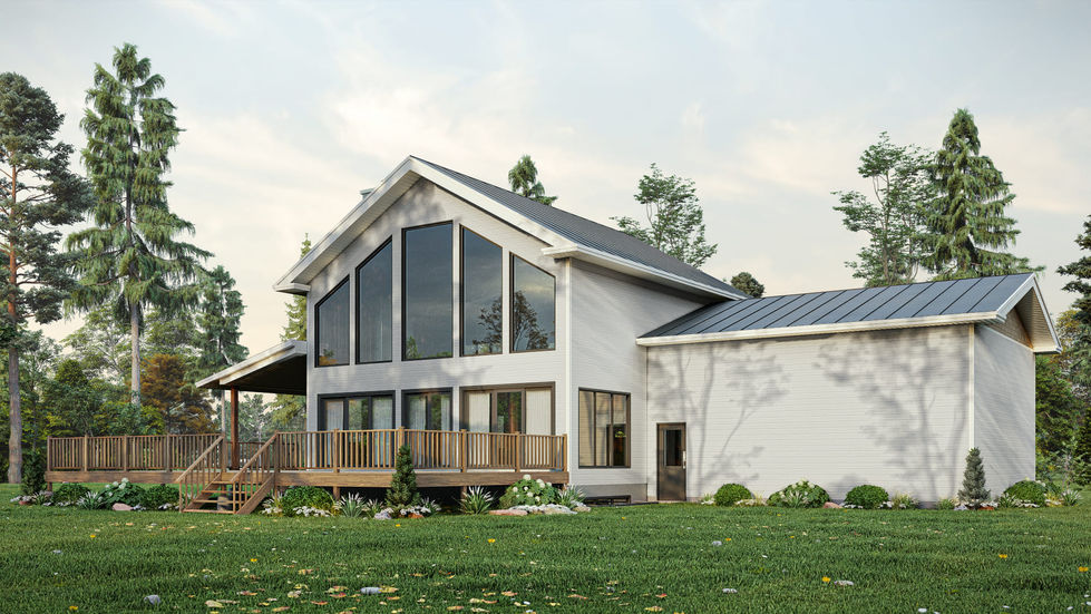 Maison contemporaine avec garage double et plafond cathédral vue arrière avec grande fenestration et terrasse en bois.