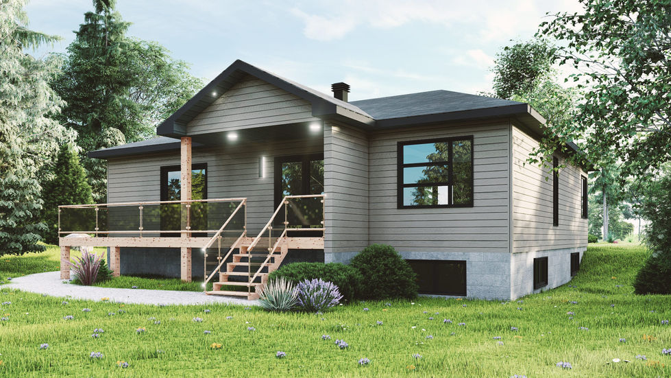 Terrasse arrière d’un plan de bungalow contemporain avec accès au jardin.