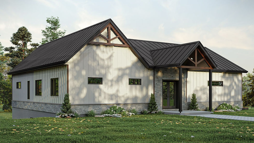 Plan de maison farmhouse avec rez-de-jardin et terrasse abritée - Extérieur avant