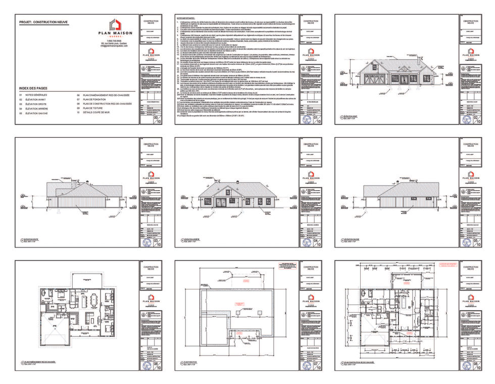 Plans de construction d’une maison plain-pied style farmhouse avec garage incluant élévations, plan du rez-de-chaussée et fondations