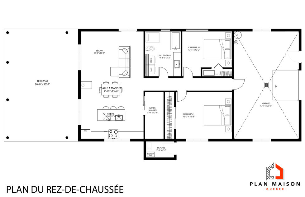 Plan de résidence champêtre contemporaine de plain-pied avec deux chambres