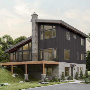 Maison contemporaine avec rez-de-jardin, terrasse surélevée et grande fenestration sur terrain en pente.