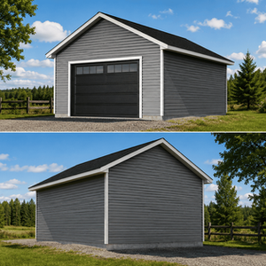 Garage simple détaché avec revêtement horizontal gris et toiture à deux versants conçu à partir d'un plan de technologue en architecture.