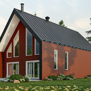 Façade avant d’un chalet rustique contemporain avec mezzanine ouverte