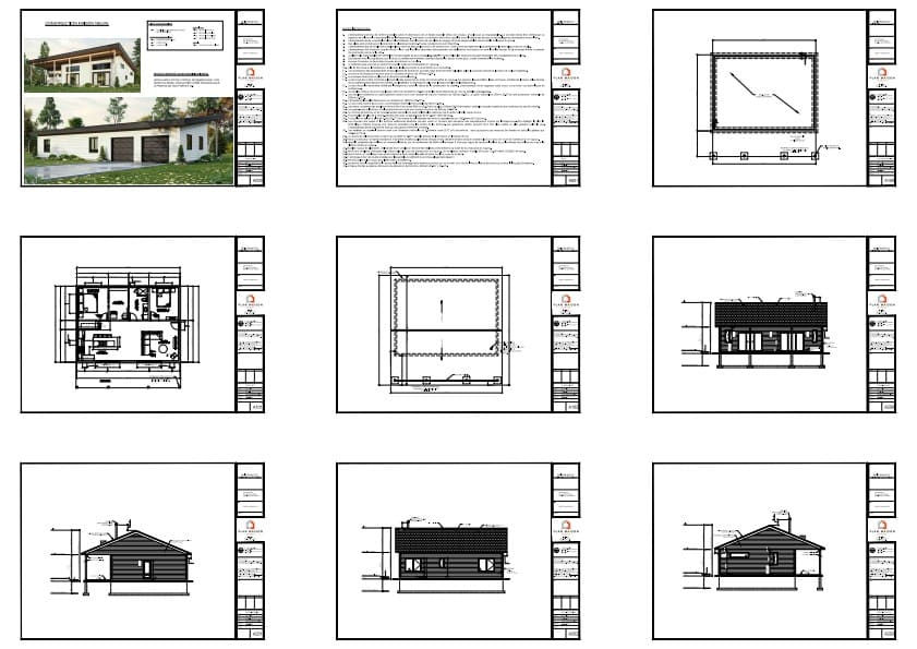 Plans techniques complets d'une maison plain-pied 2 chambres avec terrasse couverte et toiture à deux versants.
