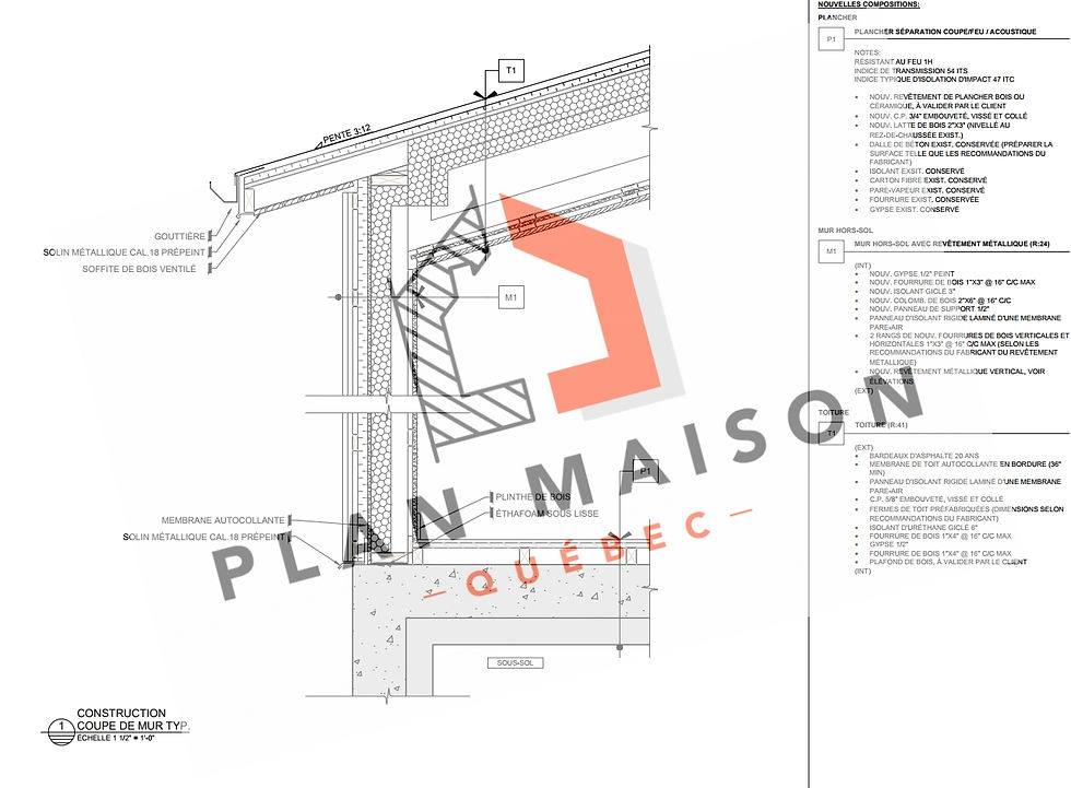 Rallonge de maison sur pieux - Plan de coupe de mur type