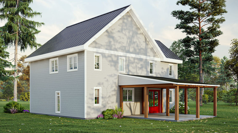 Vue arrière d’une maison farmhouse contemporaine à étage au Québec