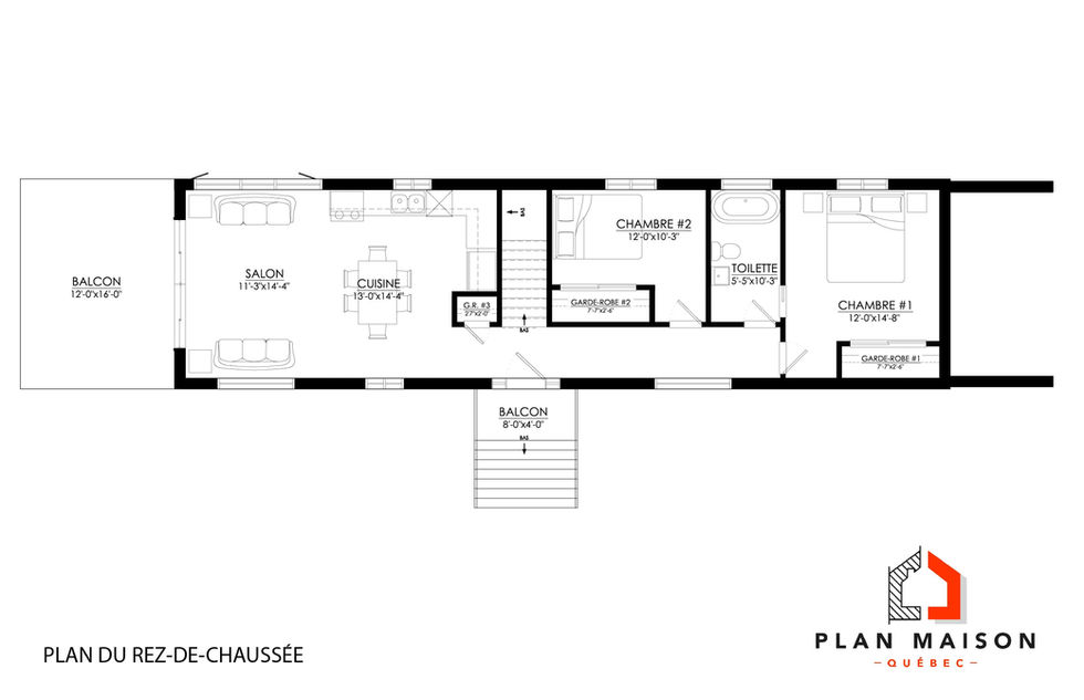 plan maison moderne plain-pied aire ouverte cuisine salon 2 chambres
