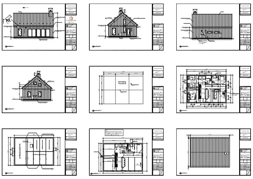 Documents de conception d’une maison grange moderne avec deux chambres et mezzanine.