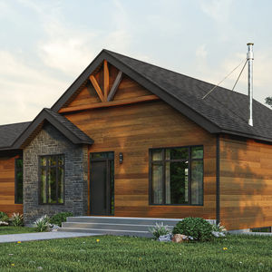 façade maison avec garage intégré style chaleureux bois pierre
