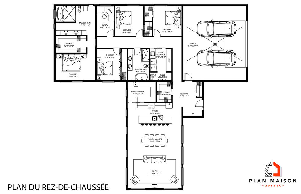 Thumbnail: Plan de maison plain-pied 5 chambres avec garage - Plan du rez-de-chaussée