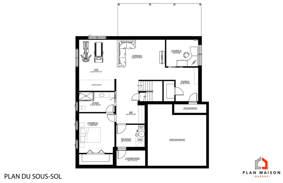 plan sous-sol maison contemporaine avec gym chambre et salle familiale